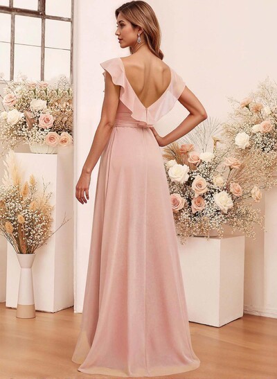Elegant V-Neck Overskirt Floor-Length Chiffon Bridesmaid Jumpsuit/Pantsuit