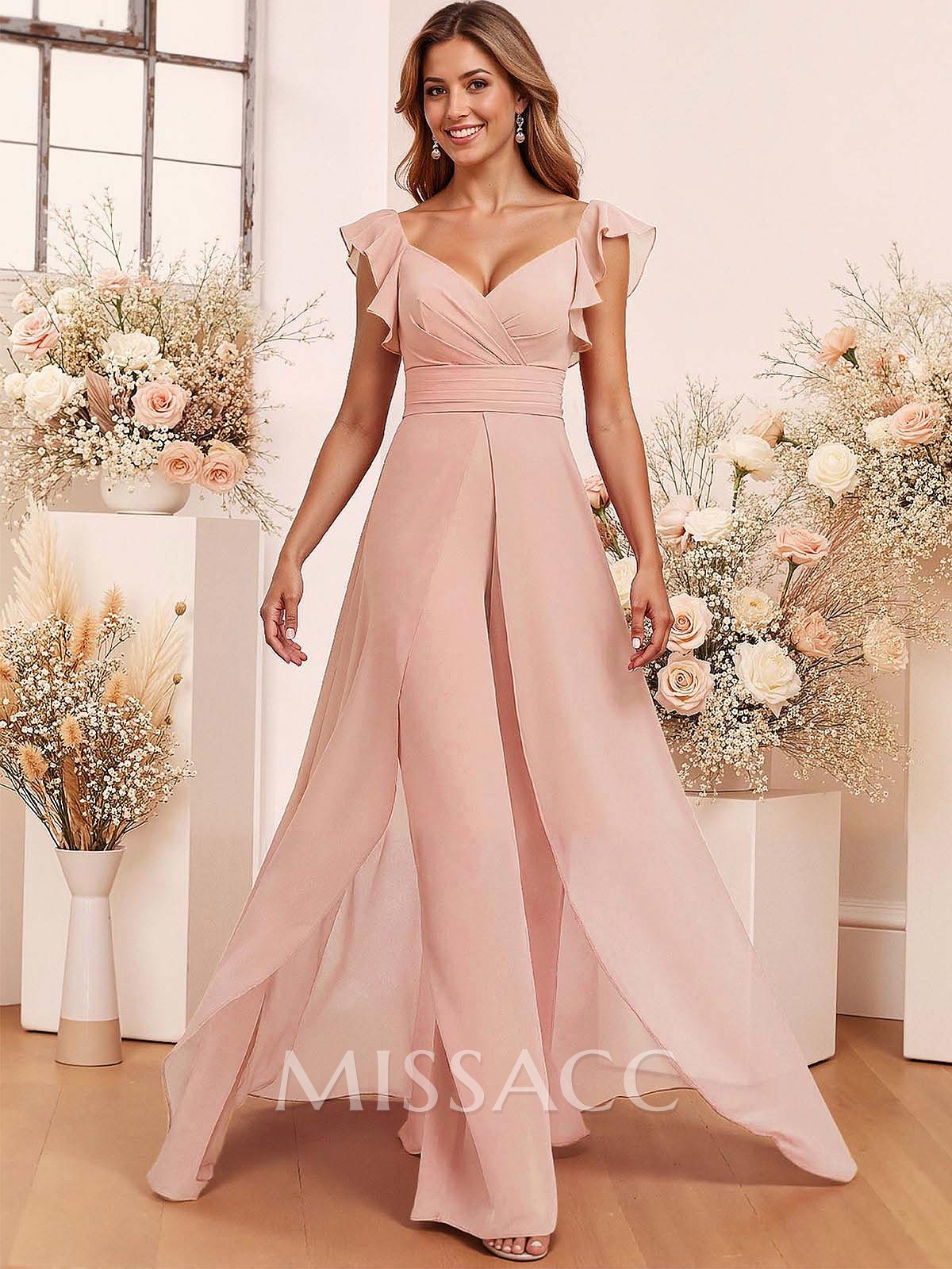 Elegant V-Neck Overskirt Floor-Length Chiffon Bridesmaid Jumpsuit/Pantsuit Elegant V-Neck Overskirt Floor-Length Chiffon Bridesmaid Jumpsuit/Pantsuit