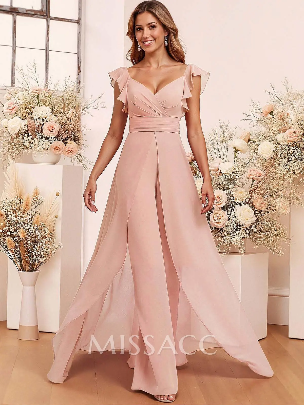 Elegant V-Neck Overskirt Floor-Length Chiffon Bridesmaid Jumpsuit