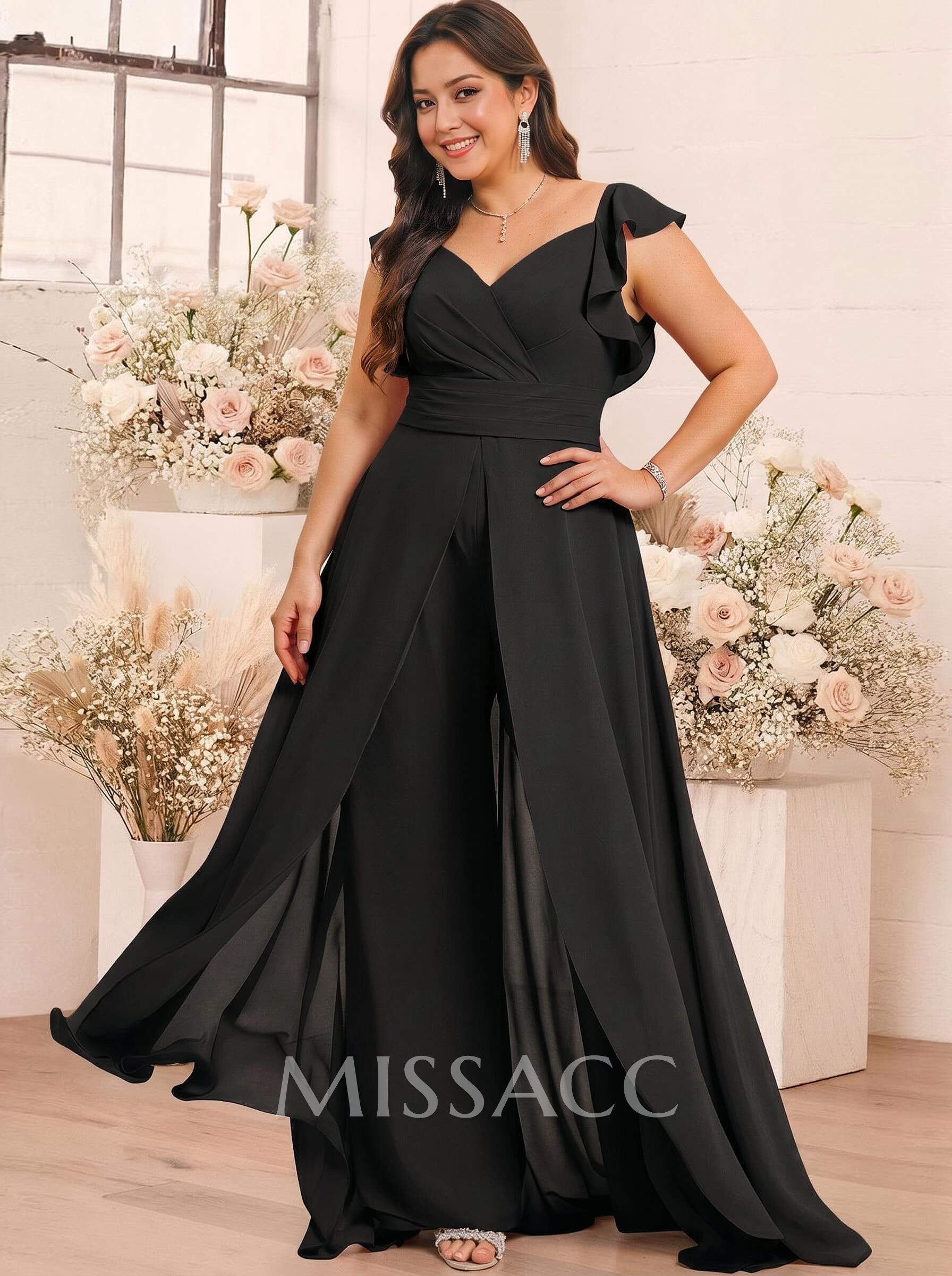 Elegant V-Neck Overskirt Floor-Length Chiffon Bridesmaid Jumpsuit/Pantsuit