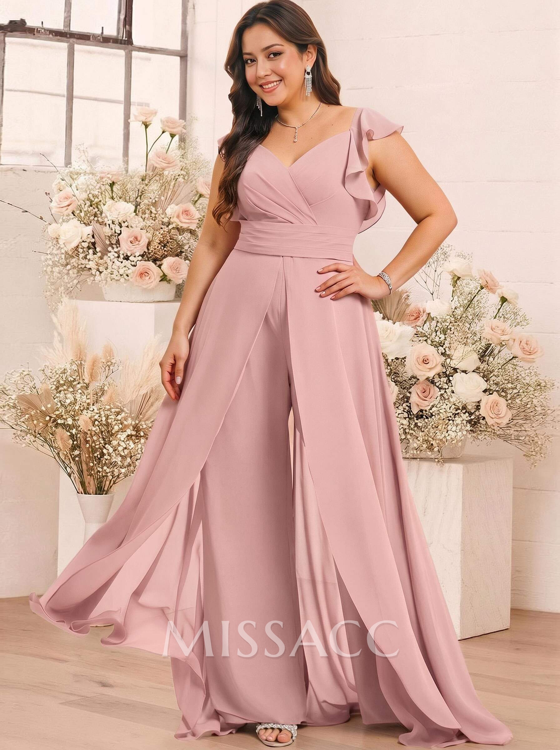 Elegant V-Neck Overskirt Floor-Length Chiffon Bridesmaid Jumpsuit/Pantsuit Elegant V-Neck Overskirt Floor-Length Chiffon Bridesmaid Jumpsuit/Pantsuit