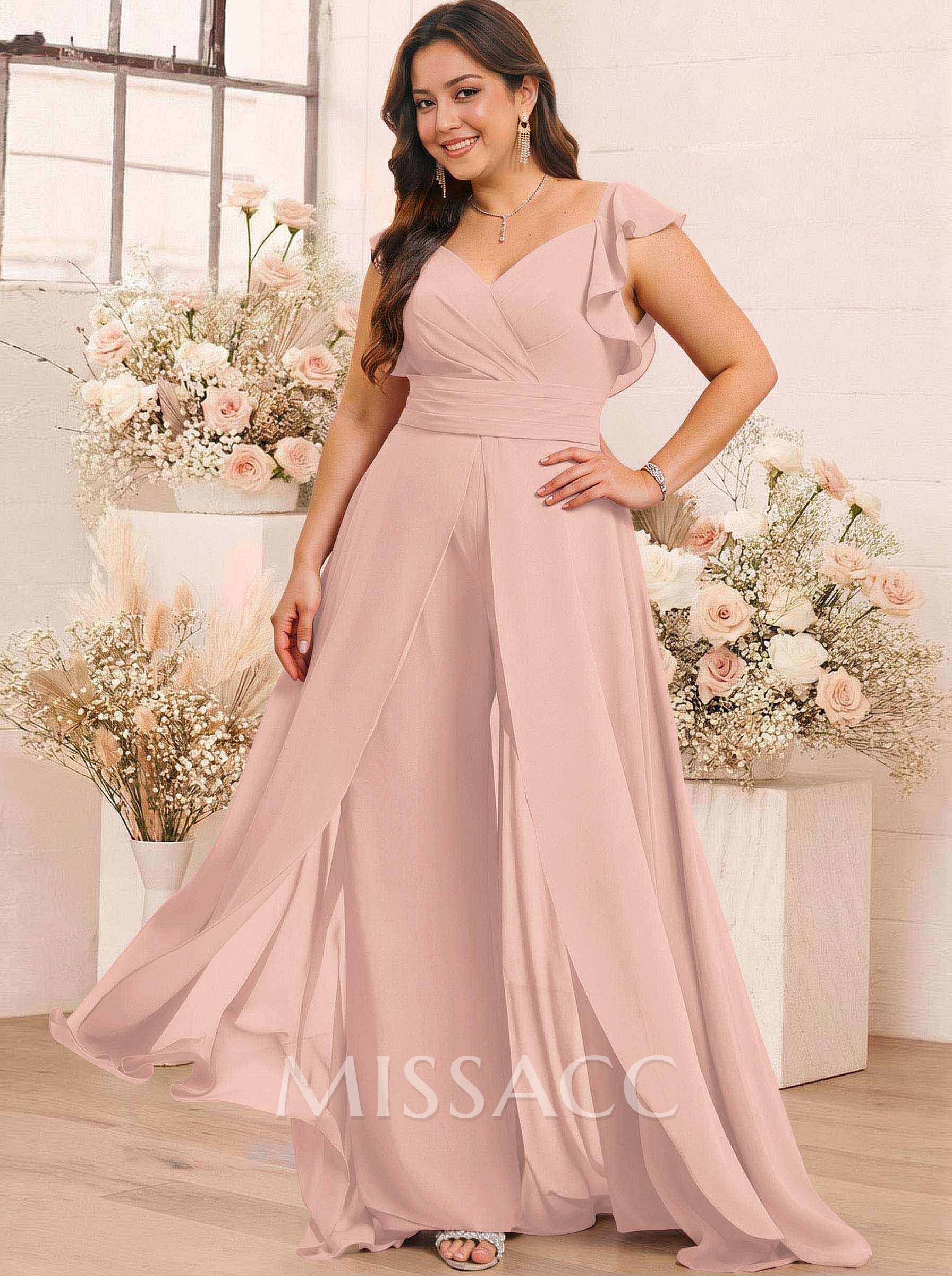 Elegant V-Neck Overskirt Floor-Length Chiffon Bridesmaid Jumpsuit/Pantsuit Elegant V-Neck Overskirt Floor-Length Chiffon Bridesmaid Jumpsuit/Pantsuit