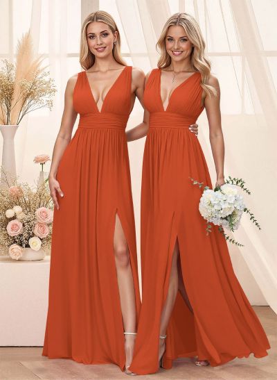 A-Line Plunge Neck Floor-Length Chiffon Bridesmaid With Split Front