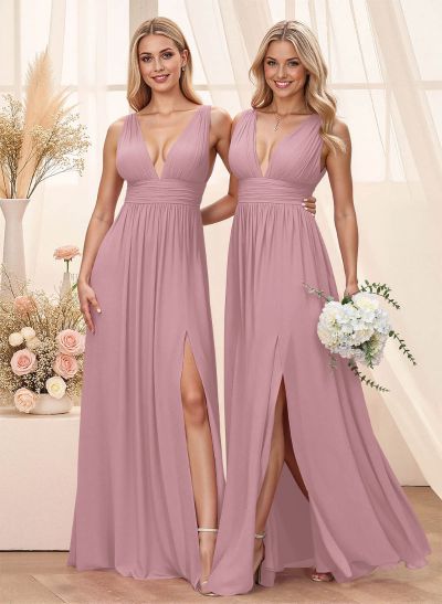 A-Line Plunge Neck Floor-Length Chiffon Bridesmaid With Split Front