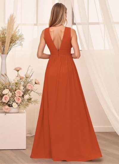 A-Line Plunge Neck Floor-Length Chiffon Bridesmaid With Split Front