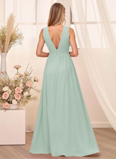 A-Line Plunge Neck Floor-Length Chiffon Bridesmaid With Split Front