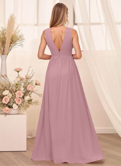 A-Line Plunge Neck Floor-Length Chiffon Bridesmaid With Split Front