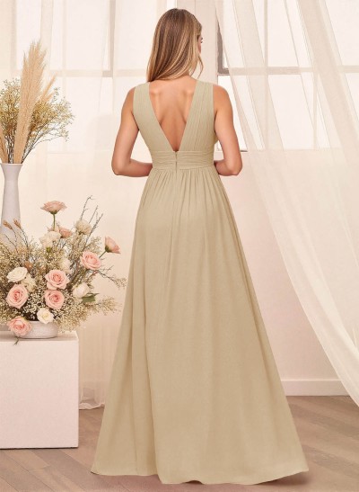 A-Line Plunge Neck Floor-Length Chiffon Bridesmaid With Split Front