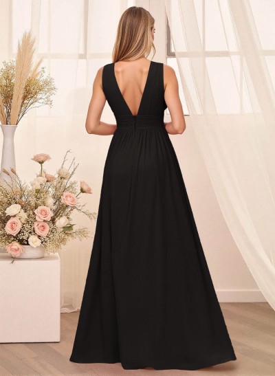 A-Line Plunge Neck Floor-Length Chiffon Bridesmaid With Split Front