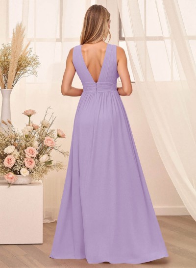 A-Line Plunge Neck Floor-Length Chiffon Bridesmaid With Split Front