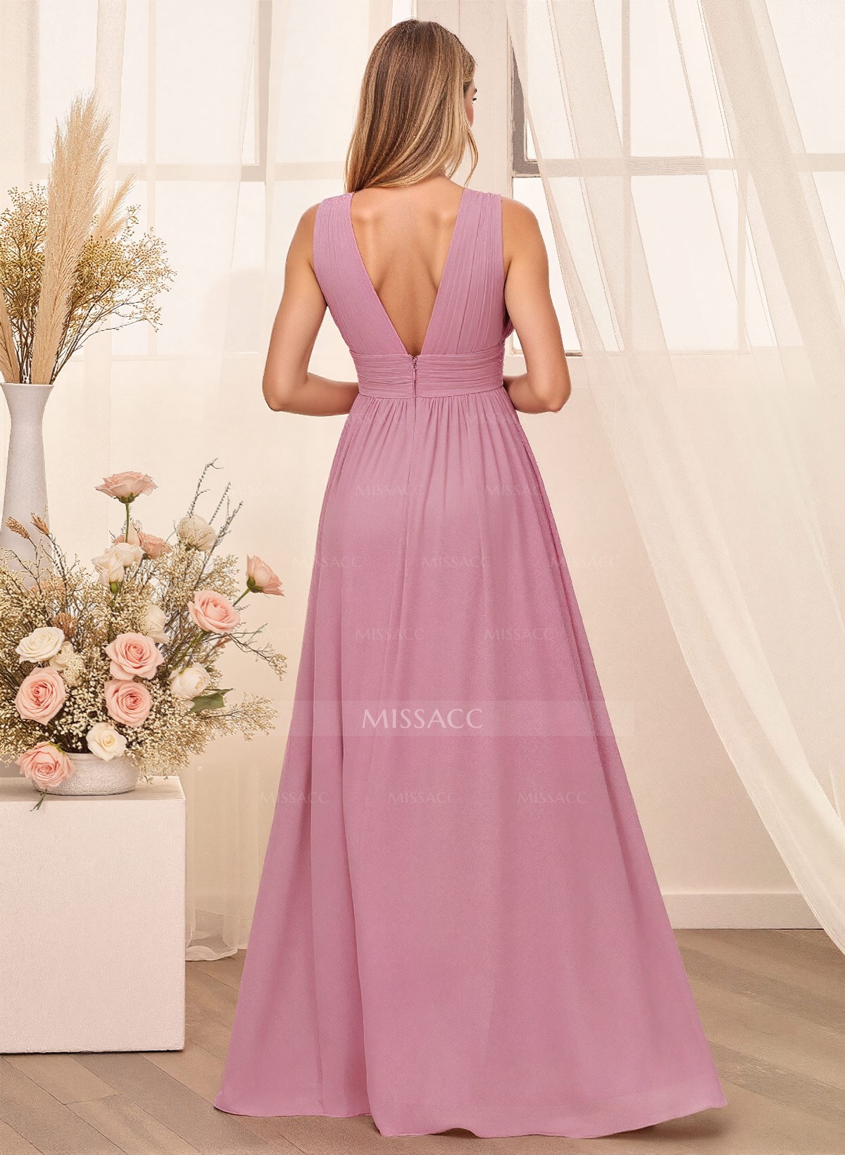 A-Line Plunge Neck Floor-Length Chiffon Bridesmaid With Split Front
