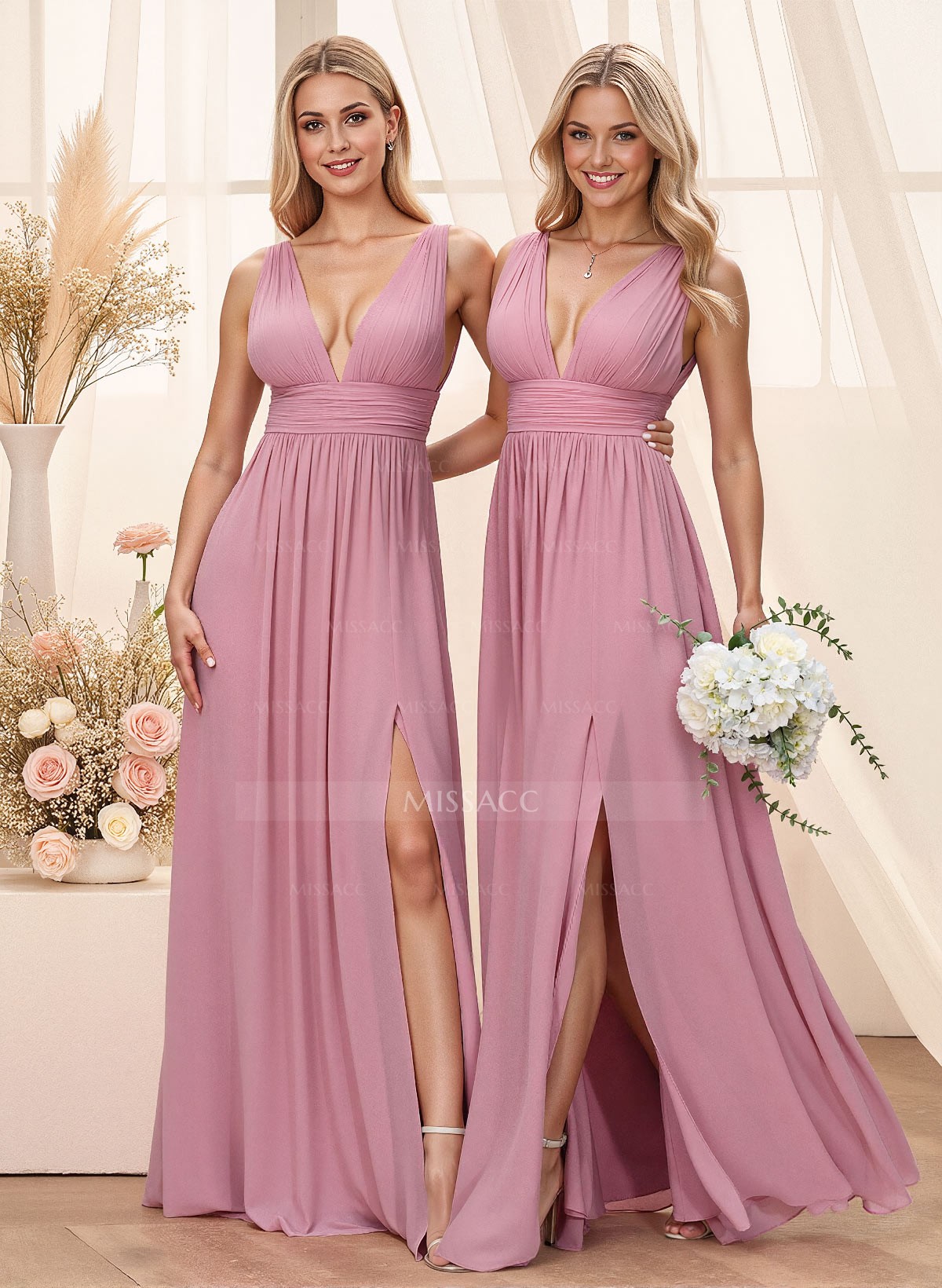 A-Line Plunge Neck Floor-Length Chiffon Bridesmaid With Split Front