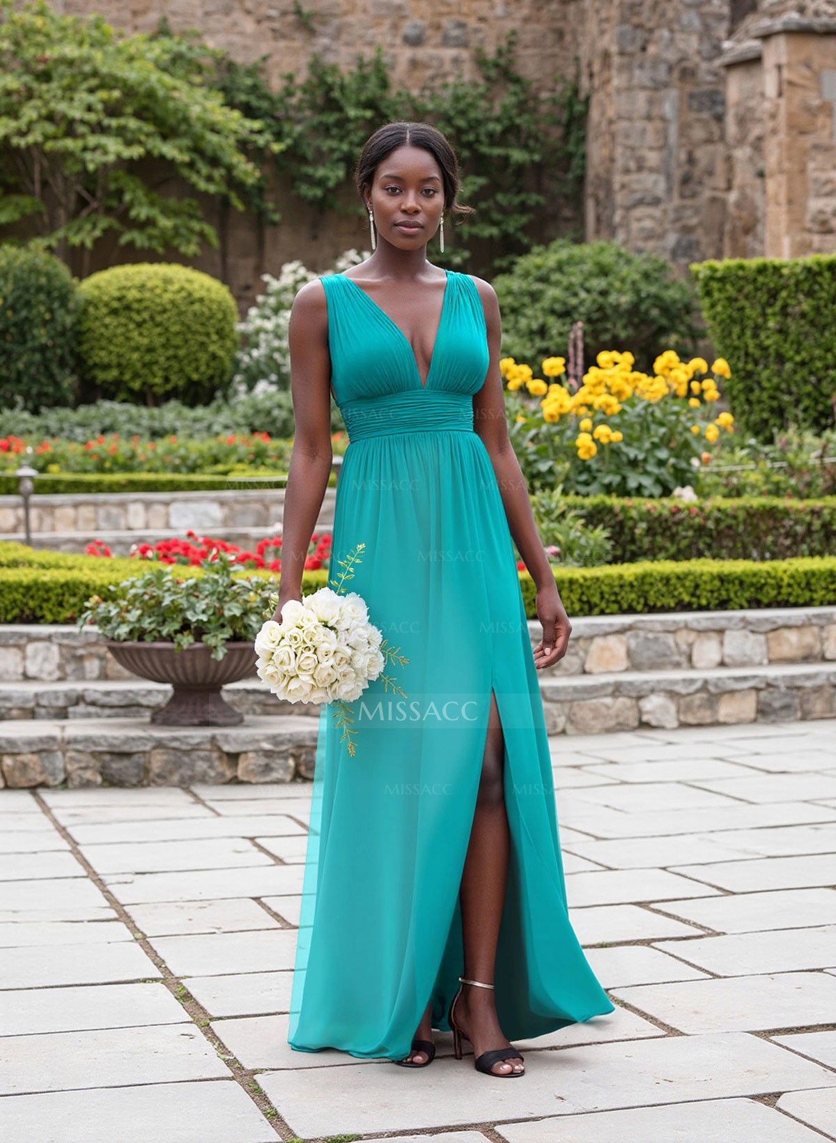 A-Line Plunge Neck Floor-Length Chiffon Bridesmaid With Split Front