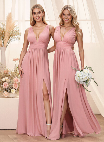 A-Line Plunge Neck Floor-Length Chiffon Bridesmaid With Split Front