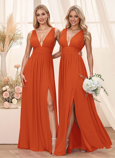 A-Line Plunge Neck Floor-Length Chiffon Bridesmaid With Split Front