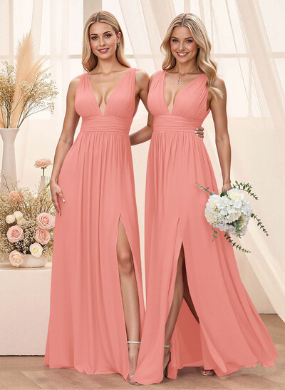 A-Line Plunge Neck Floor-Length Chiffon Bridesmaid With Split Front