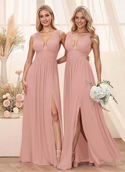 A-Line Plunge Neck Floor-Length Chiffon Bridesmaid With Split Front