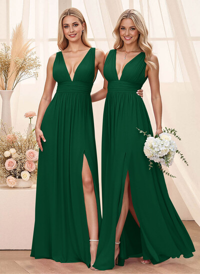 A-Line Plunge Neck Floor-Length Chiffon Bridesmaid With Split Front
