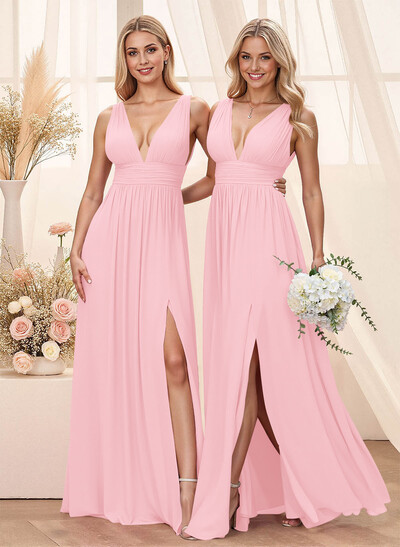 A-Line Plunge Neck Floor-Length Chiffon Bridesmaid With Split Front