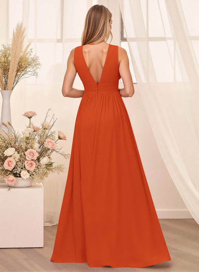 A-Line Plunge Neck Floor-Length Chiffon Bridesmaid With Split Front