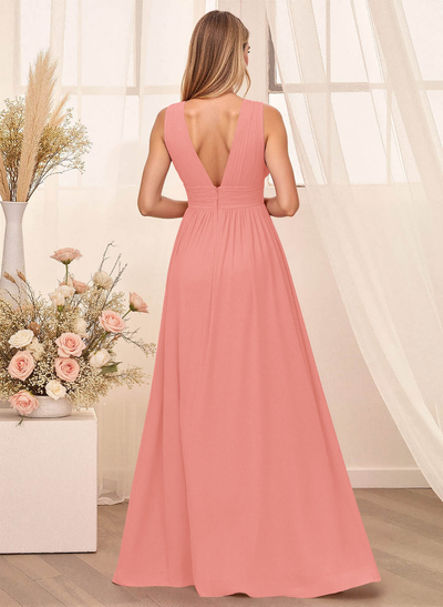 A-Line Plunge Neck Floor-Length Chiffon Bridesmaid With Split Front