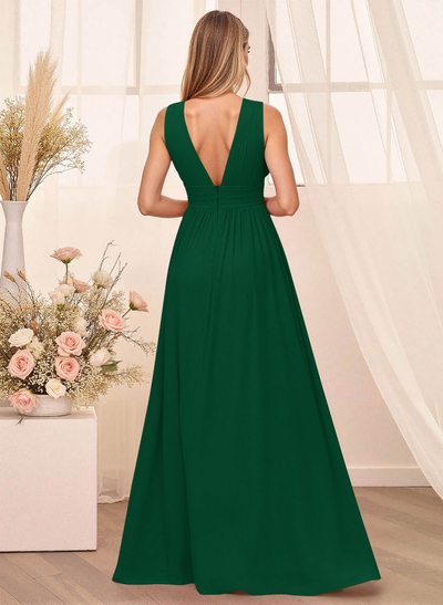 A-Line Plunge Neck Floor-Length Chiffon Bridesmaid With Split Front