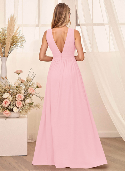 A-Line Plunge Neck Floor-Length Chiffon Bridesmaid With Split Front