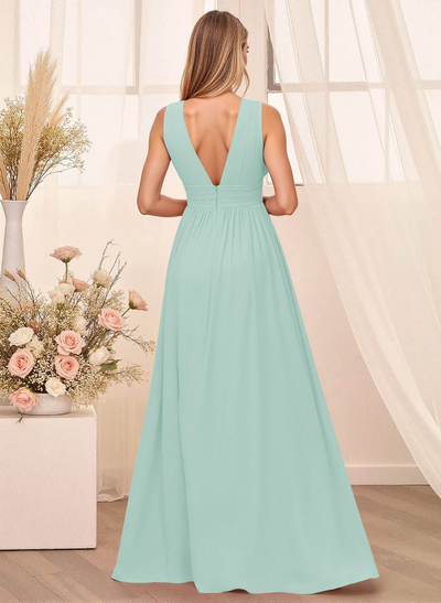 A-Line Plunge Neck Floor-Length Chiffon Bridesmaid With Split Front