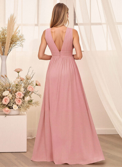 A-Line Plunge Neck Floor-Length Chiffon Bridesmaid With Split Front