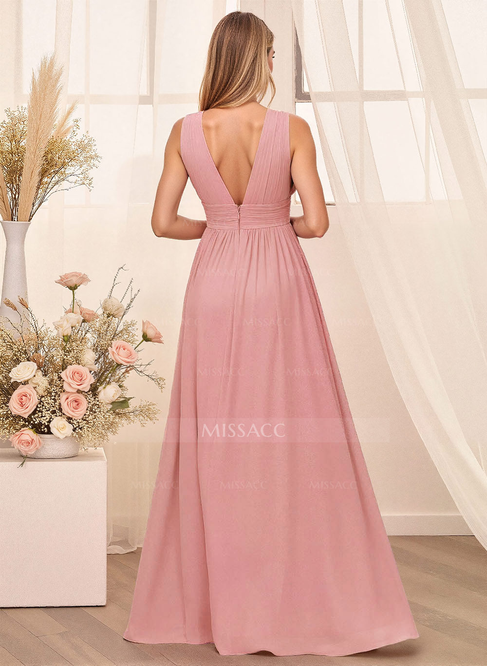 A-Line Plunge Neck Floor-Length Chiffon Bridesmaid With Split Front