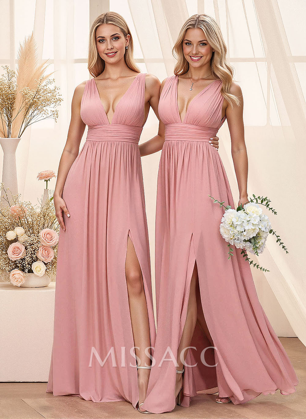 A-Line Plunge Neck Floor-Length Chiffon Bridesmaid With Split Front A-Line Plunge Neck Floor-Length Chiffon Bridesmaid With Split Front