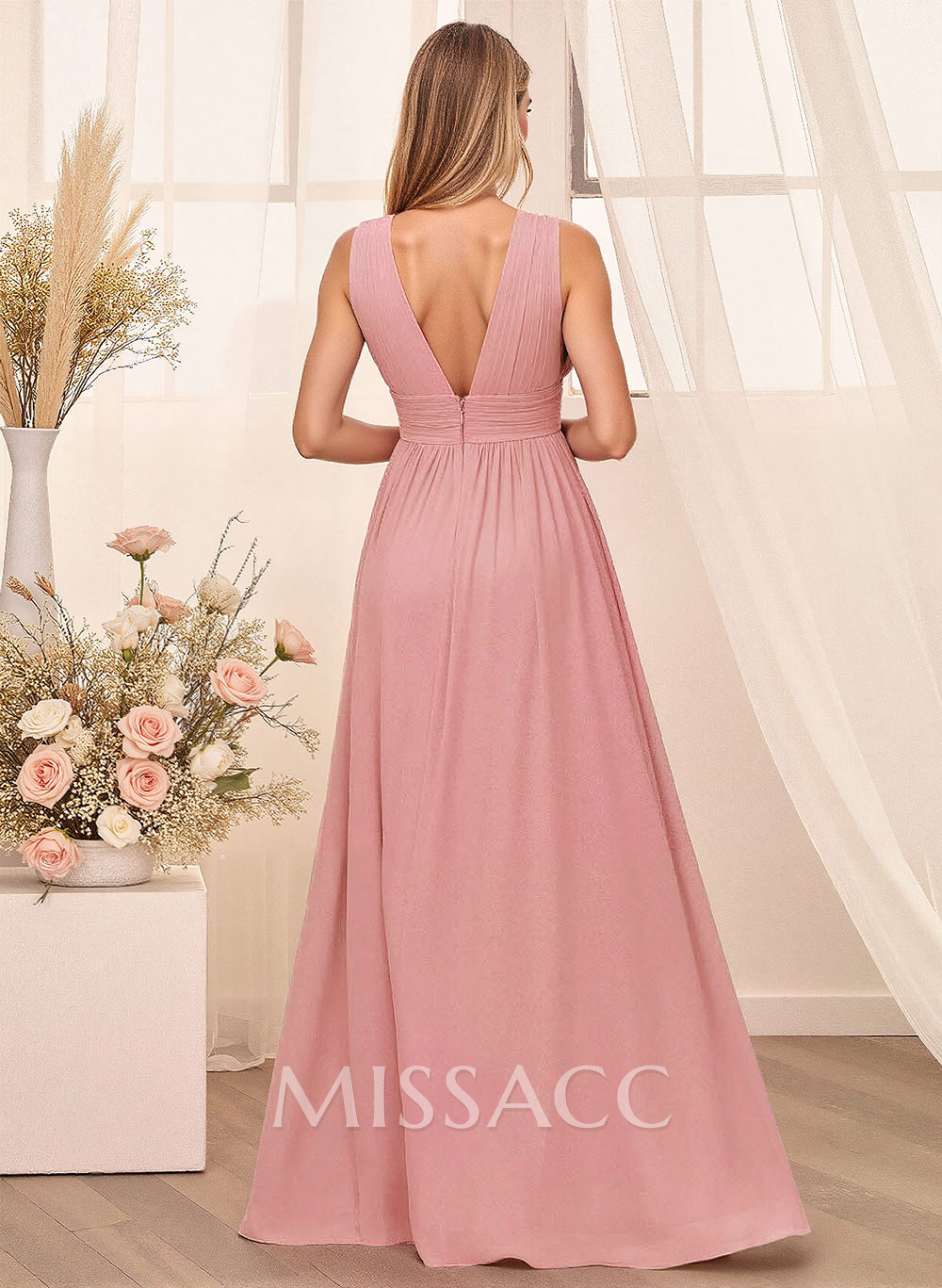 A-Line Plunge Neck Floor-Length Chiffon Bridesmaid With Split Front A-Line Plunge Neck Floor-Length Chiffon Bridesmaid With Split Front