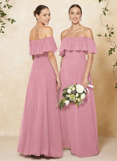 Sweet & Flow Off Shoulder Floor-Length Chiffon Bridesmaid With Ruffle