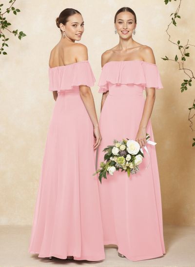 Sweet & Flow Off Shoulder Floor-Length Chiffon Bridesmaid With Ruffle