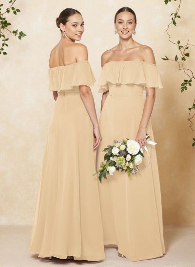Sweet & Flow Off Shoulder Floor-Length Chiffon Bridesmaid With Ruffle