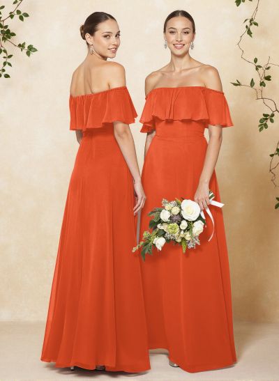Sweet & Flow Off Shoulder Floor-Length Chiffon Bridesmaid With Ruffle