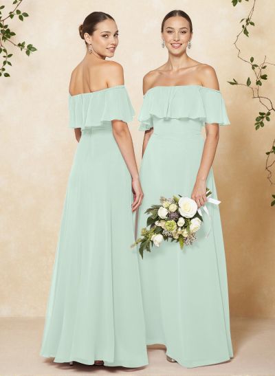 Sweet & Flow Off Shoulder Floor-Length Chiffon Bridesmaid With Ruffle