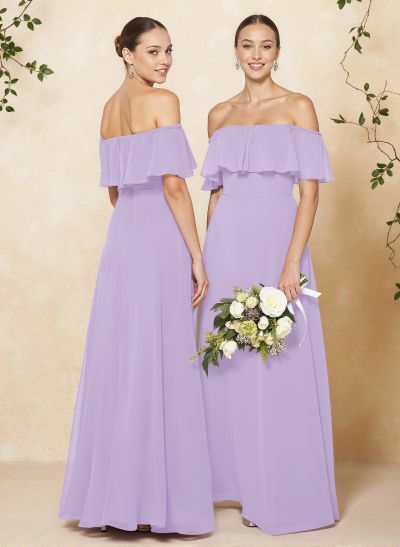 Sweet & Flow Off Shoulder Floor-Length Chiffon Bridesmaid With Ruffle