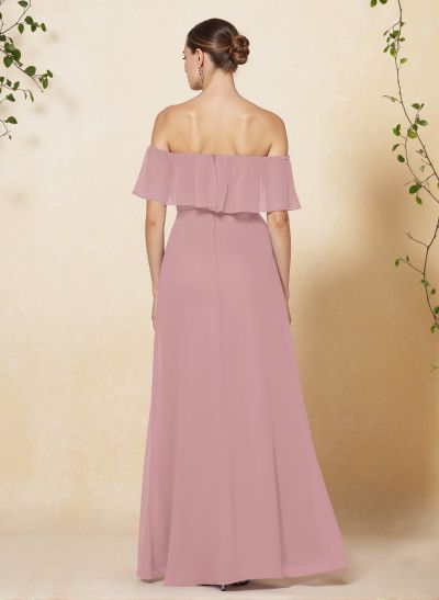 Sweet & Flow Off Shoulder Floor-Length Chiffon Bridesmaid With Ruffle