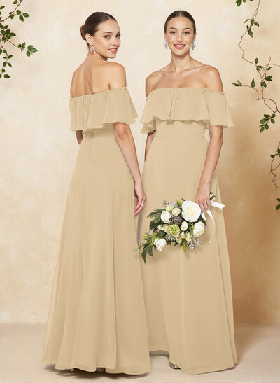 Sweet & Flow Off Shoulder Floor-Length Chiffon Bridesmaid With Ruffle