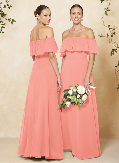 Sweet & Flow Off Shoulder Floor-Length Chiffon Bridesmaid With Ruffle