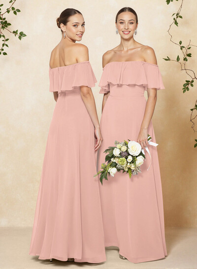 Sweet & Flow Off Shoulder Floor-Length Chiffon Bridesmaid With Ruffle