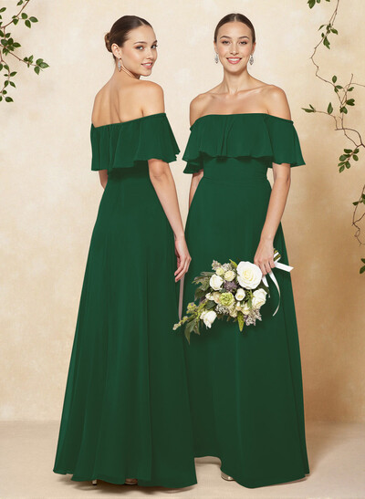Sweet & Flow Off Shoulder Floor-Length Chiffon Bridesmaid With Ruffle