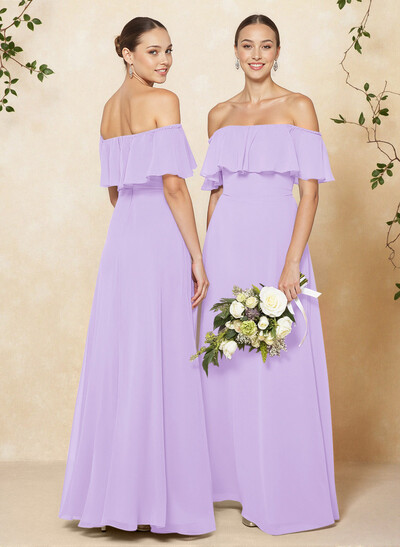 Sweet & Flow Off Shoulder Floor-Length Chiffon Bridesmaid With Ruffle
