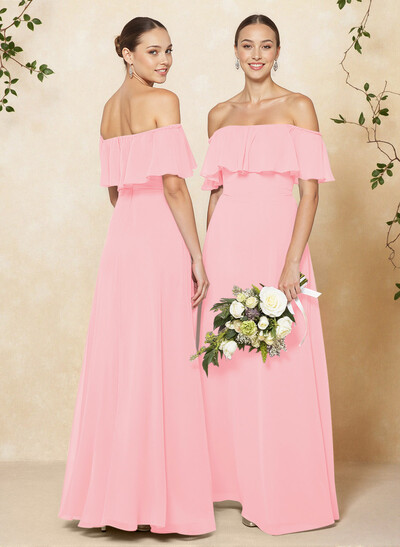 Sweet & Flow Off Shoulder Floor-Length Chiffon Bridesmaid With Ruffle