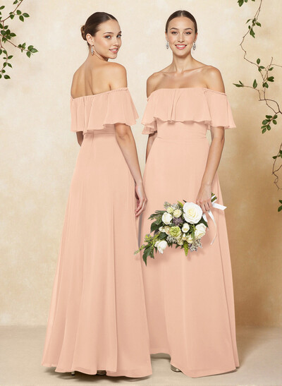 Sweet & Flow Off Shoulder Floor-Length Chiffon Bridesmaid With Ruffle