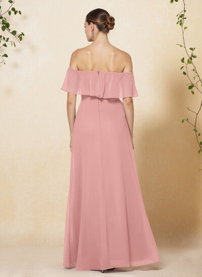 Sweet & Flow Off Shoulder Floor-Length Chiffon Bridesmaid With Ruffle