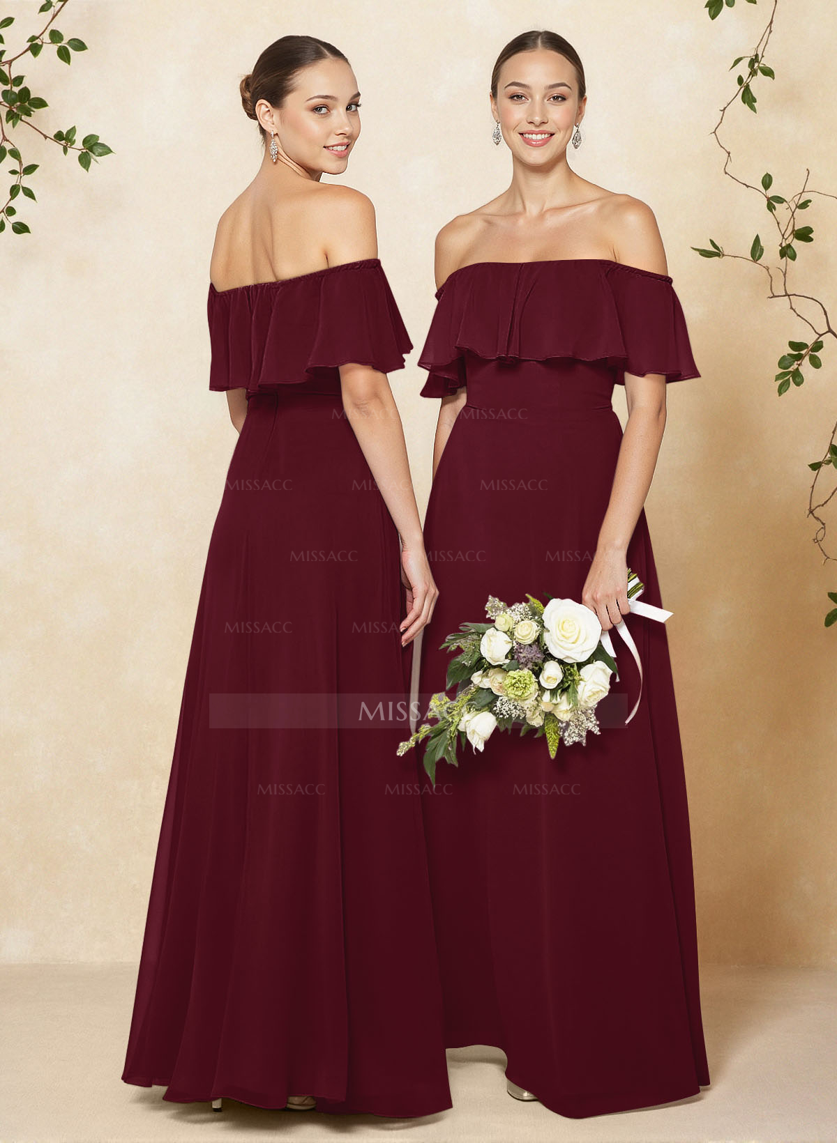 Sweet & Flow Off Shoulder Floor-Length Chiffon Bridesmaid With Ruffle