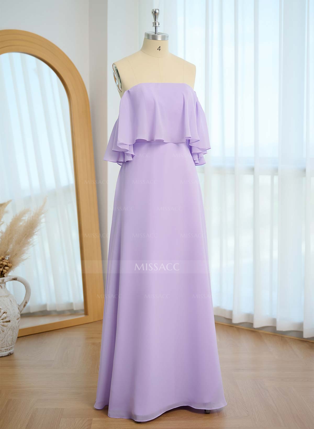 Sweet & Flow Off Shoulder Floor-Length Chiffon Bridesmaid With Ruffle