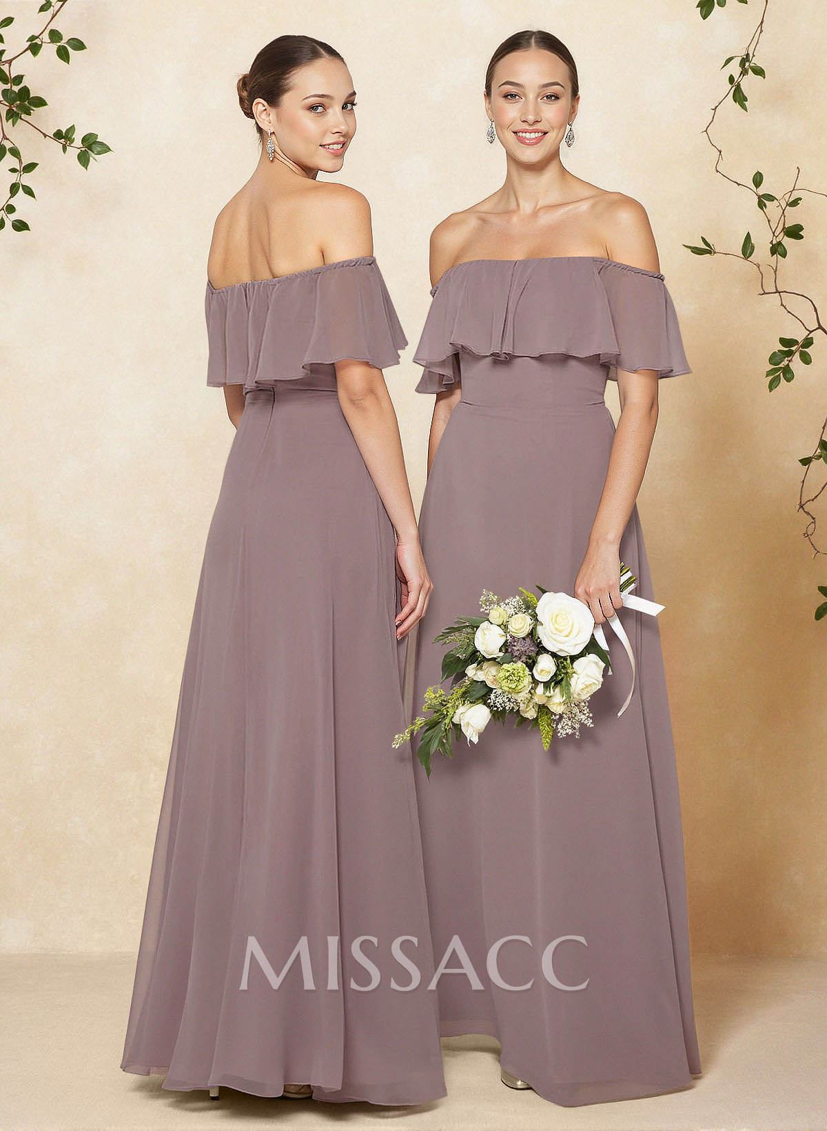 Sweet & Flow Off Shoulder Floor-Length Chiffon Bridesmaid With Ruffle